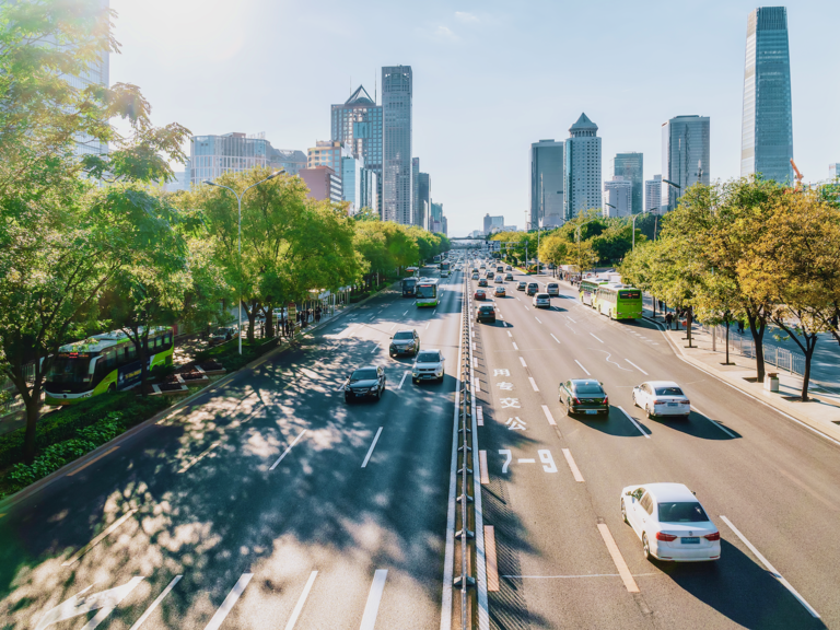 A view of traffic moving along a road in Beijing, China.