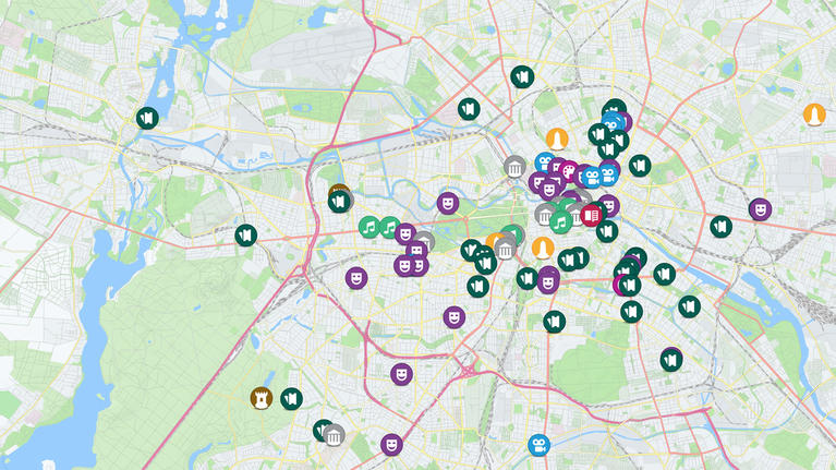 Digital map image with icons indicating landmarks